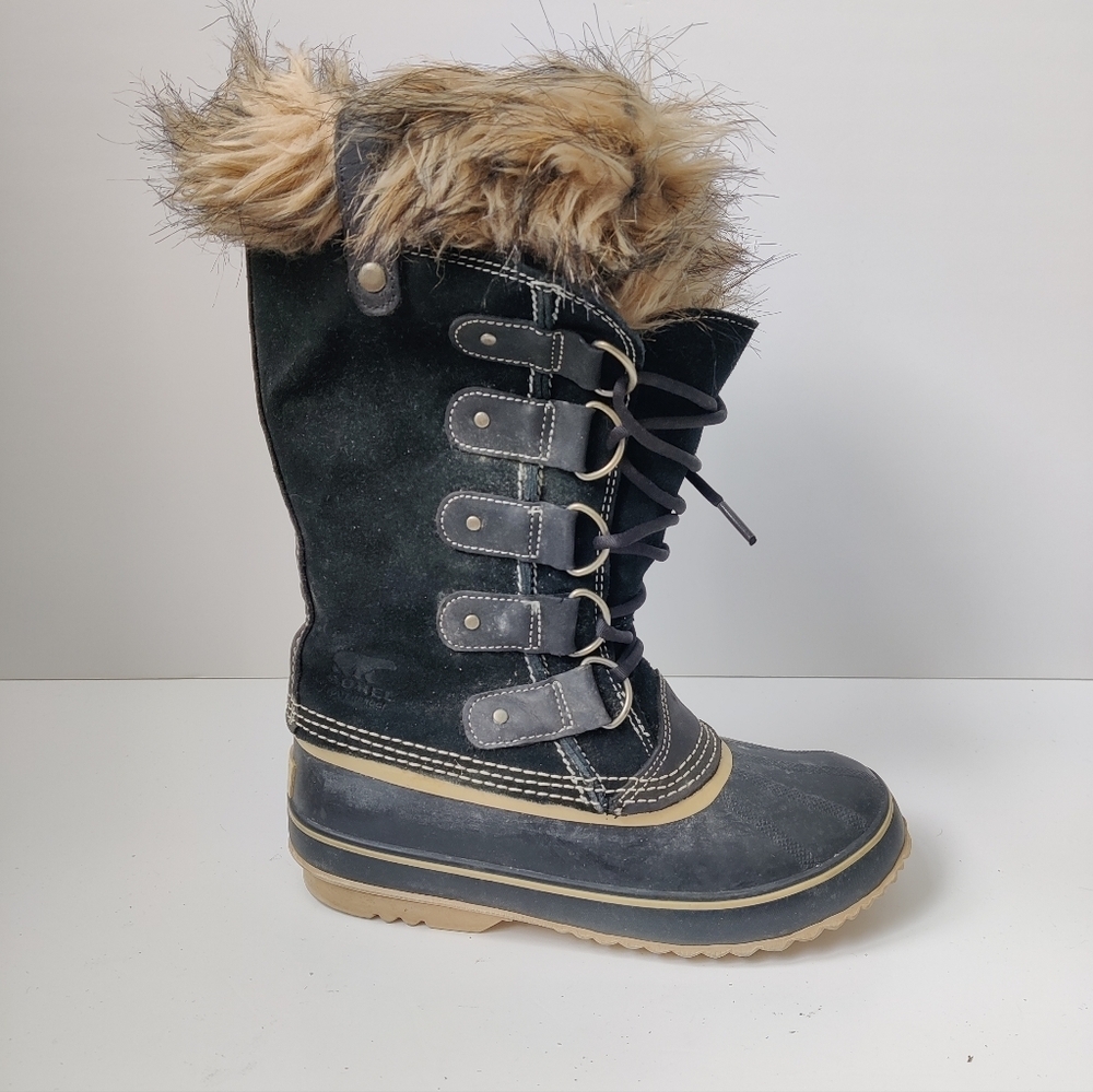 Sorel Joan of Arctic Suede Faux Fur Snow Winter Boots Womens 8 Black Waterproof